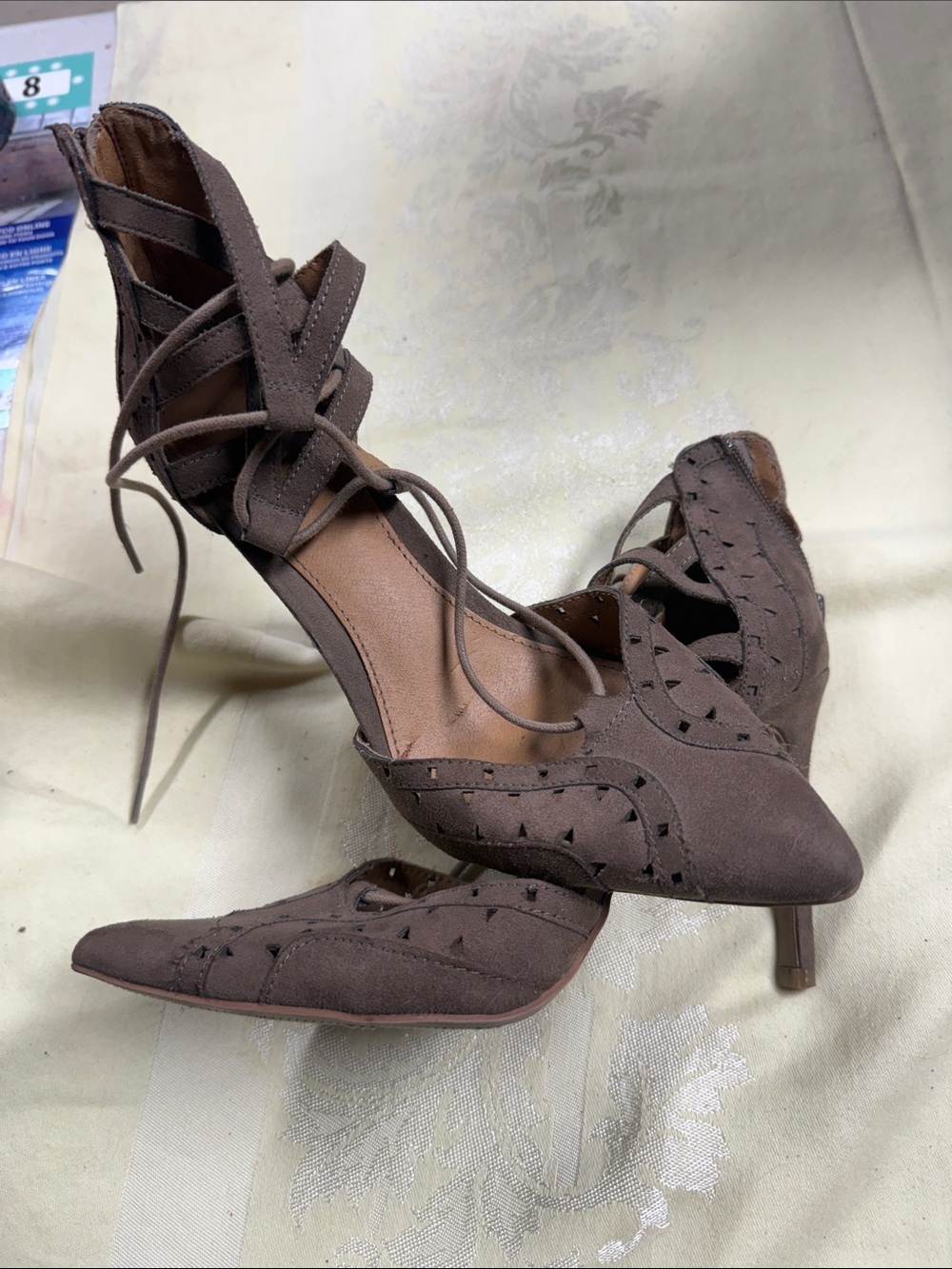 MIA Brown Suede Lace-Up Pointed Toe Heels